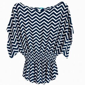New Escapada Navy White Chevron Print Dolman Sleeve Top Summer Resortwear Medium